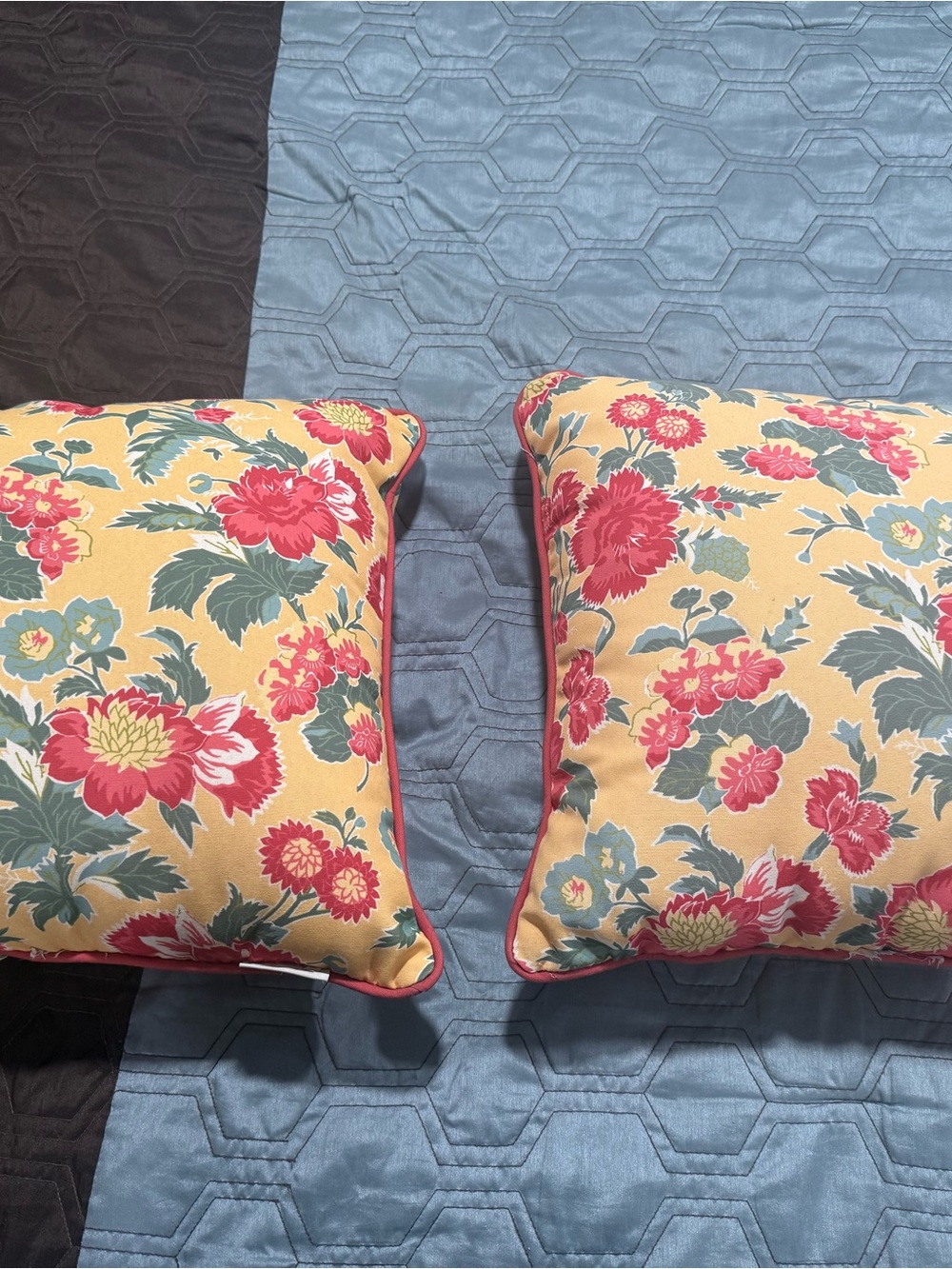 Set of 2 Pottery Barn Indoor/Outdoor Pillows 20x20 Yellow Floral Canvas Stuffed